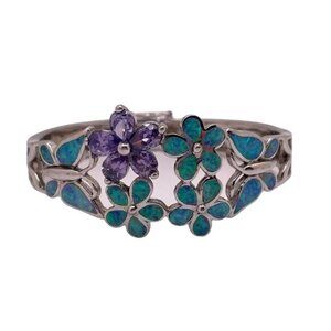 Silver Bracelet Blue Purple Hawaiian Plumeria Flowers Butterfly 925 Sterling